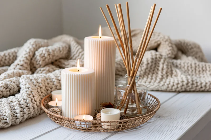 Lit ribbed candles and reed diffuser in wicker tray on white wooden table with knit blanket