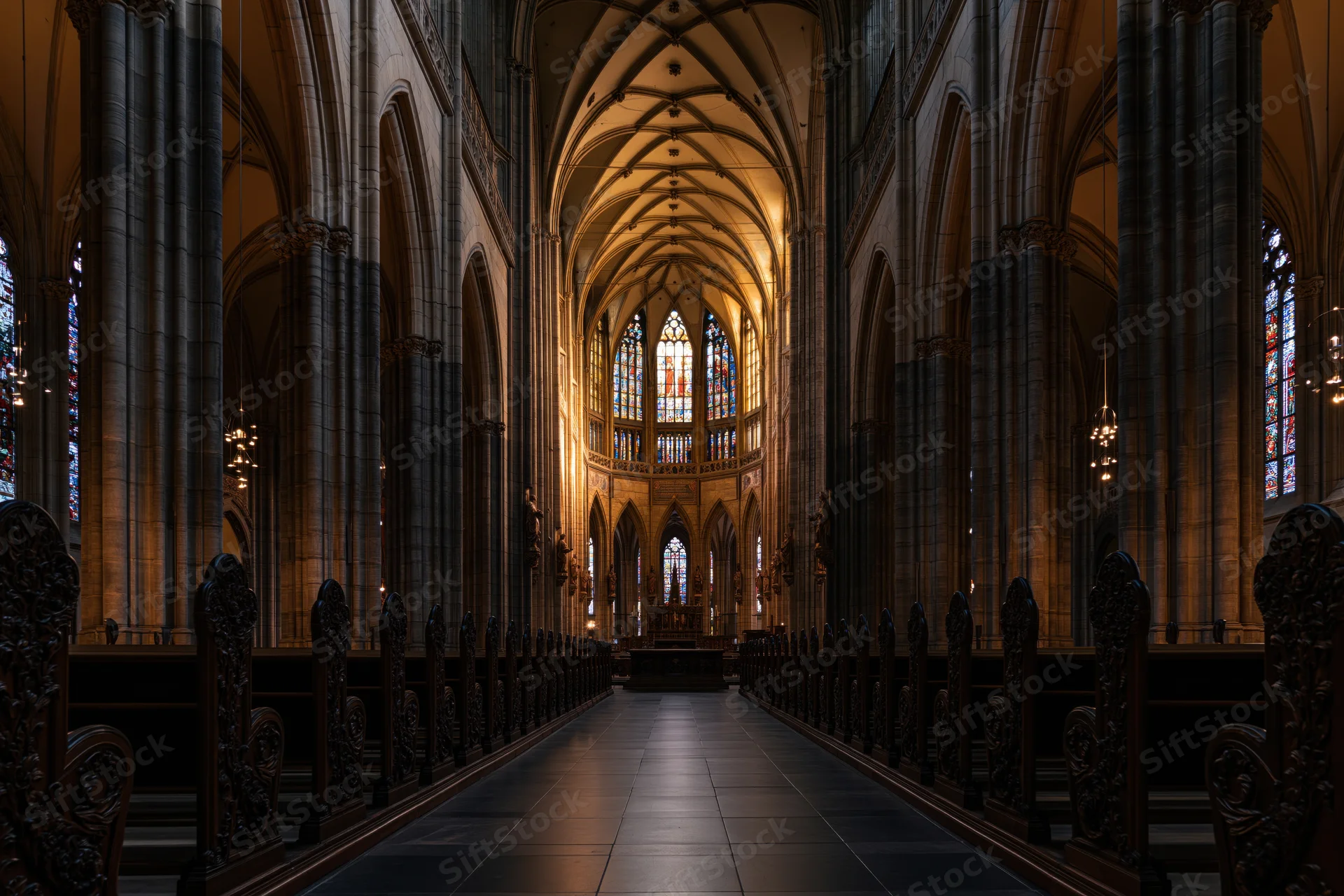 Gothic cathedral nave interior with stone columns and stained glass windows lining the central aisle