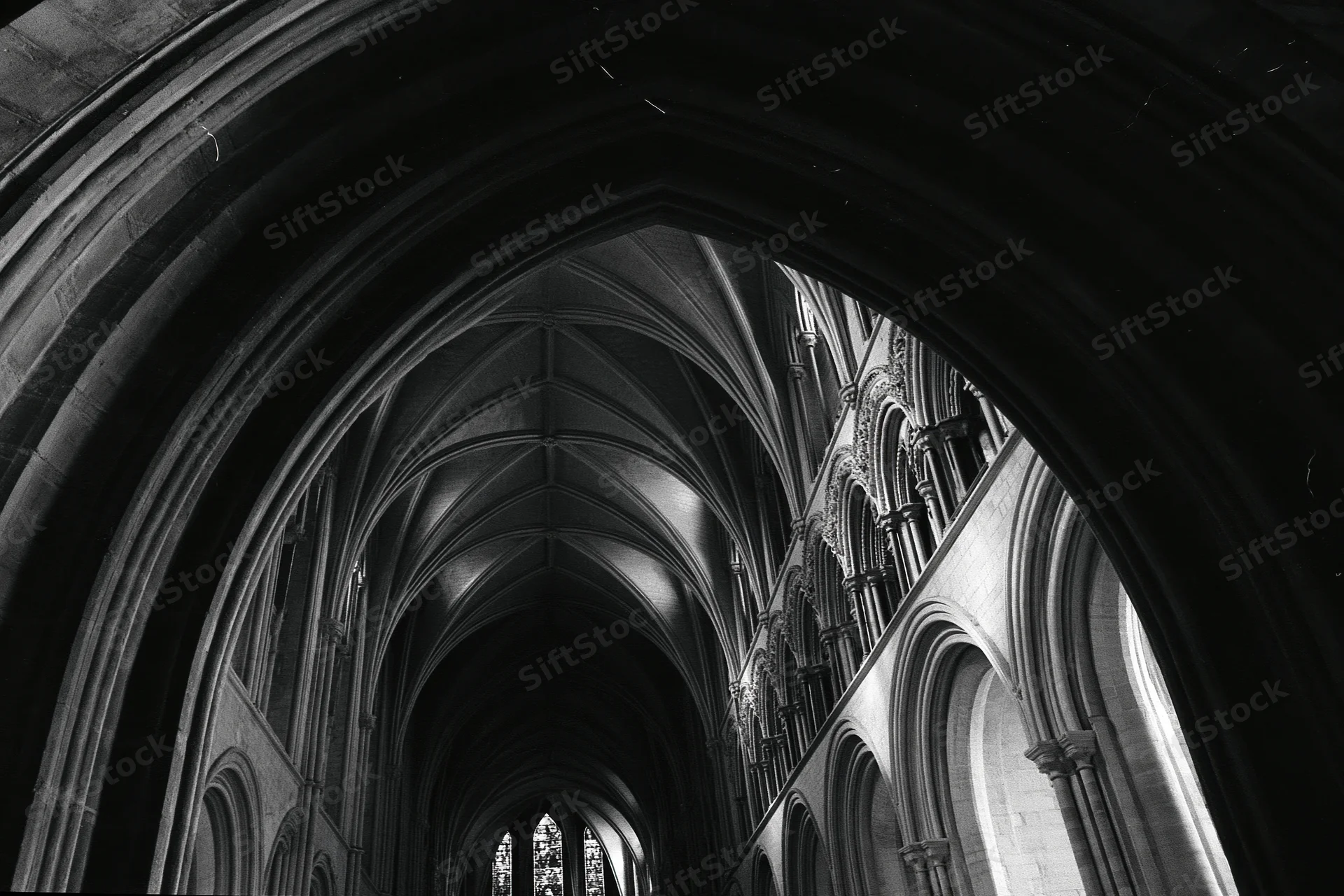Gothic cathedral nave interior viewed through sweeping stone arches with ribbed vaults and stained glass windows