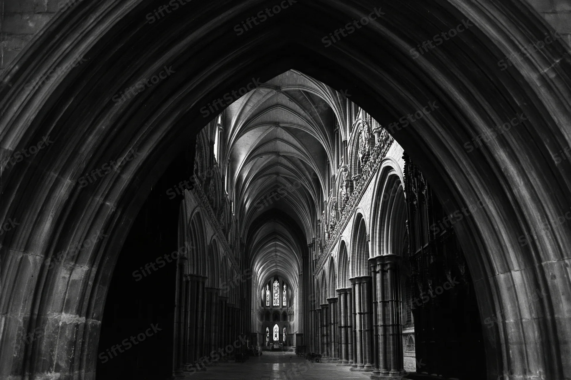 View through a stone arch into the vaulted nave of a gothic cathedral interior