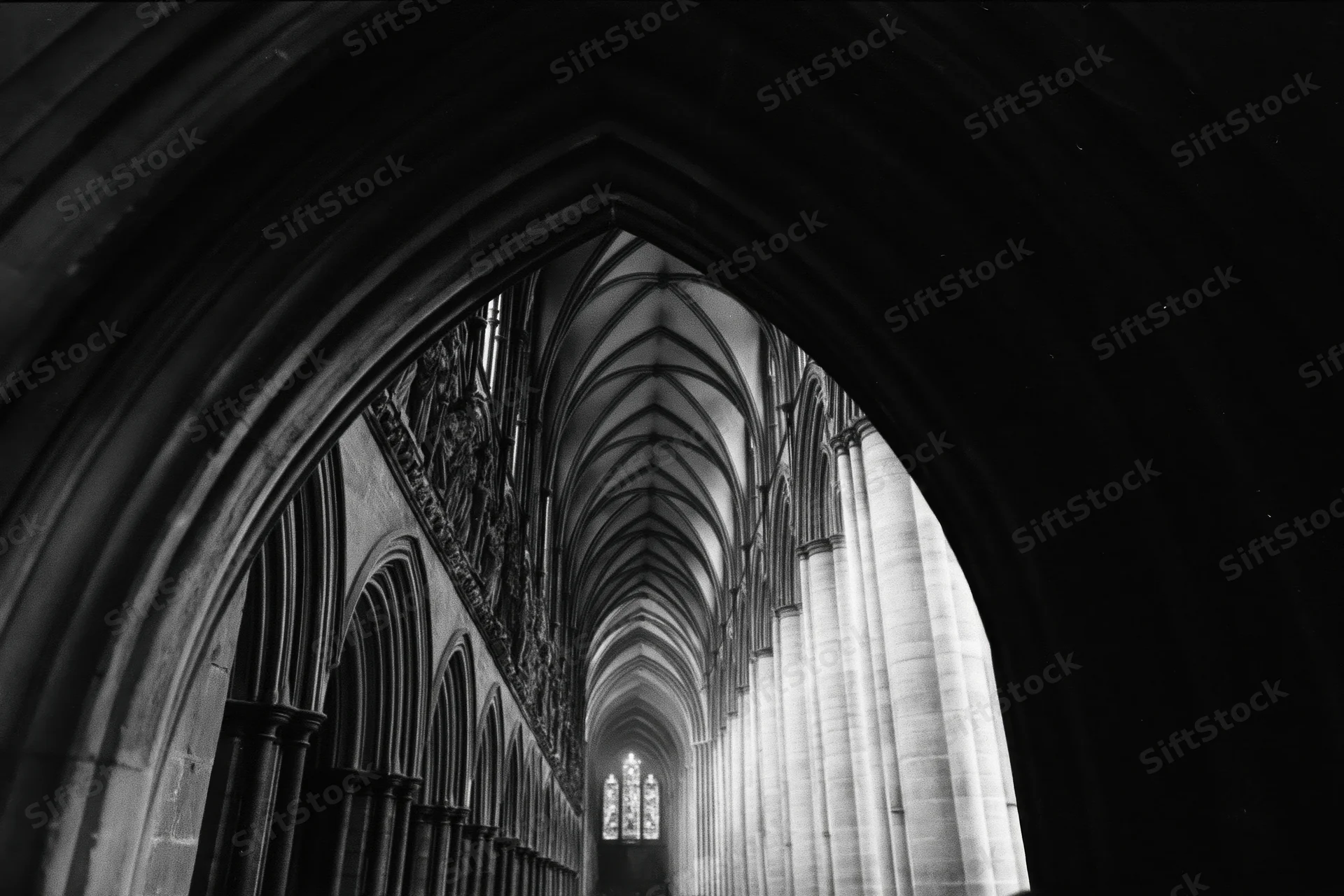 View through a pointed arch into the vaulted nave of a gothic cathedral interior