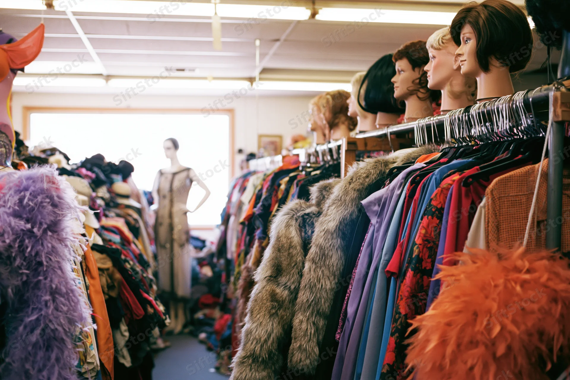 Rows of vintage clothing and wigs on racks inside a cluttered costume shop