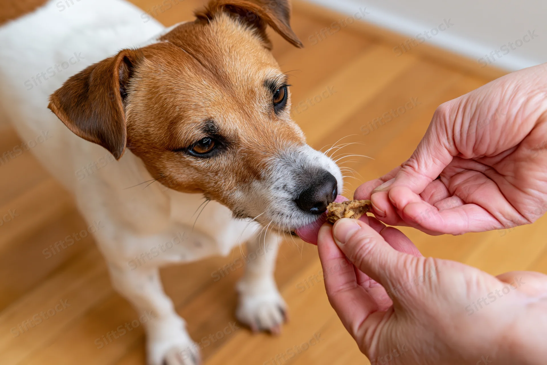 Jack russell terrier taking a treat from a hand on a wooden floor