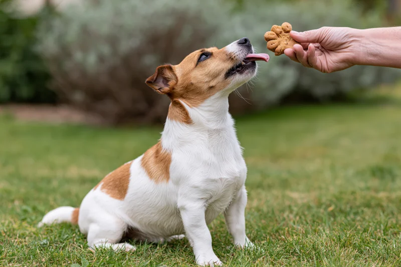 Jack russell terrier sitting on grass reaching for treat held in hand