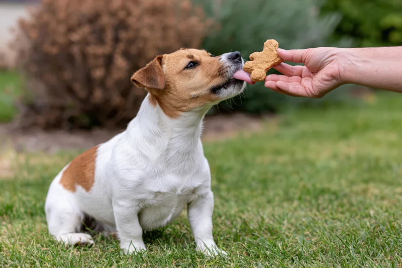 Jack russell terrier sitting on grass stretching neck to lick treat from hand