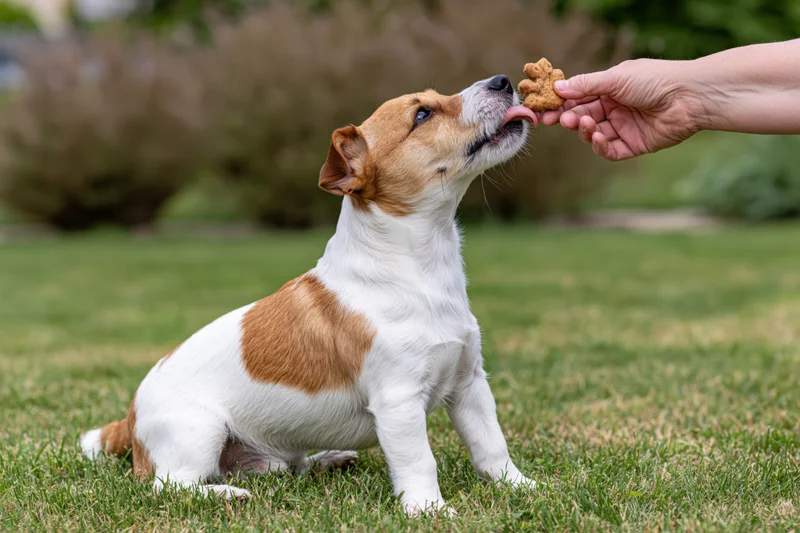 Jack russell terrier puppy sitting on grass licking a treat from a hand