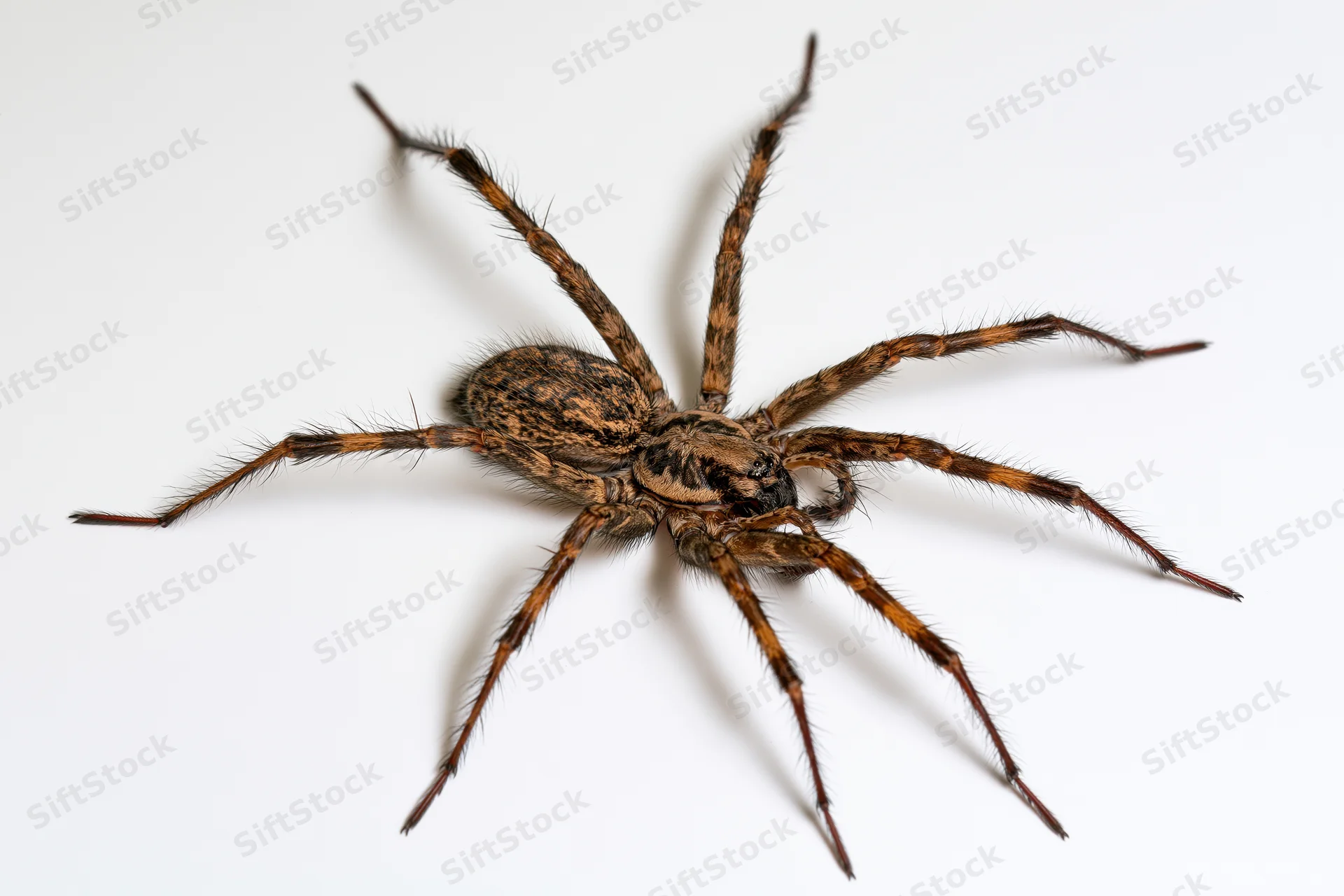 Brown house spider viewed from above on white background