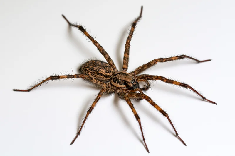 Brown house spider viewed from above on white background