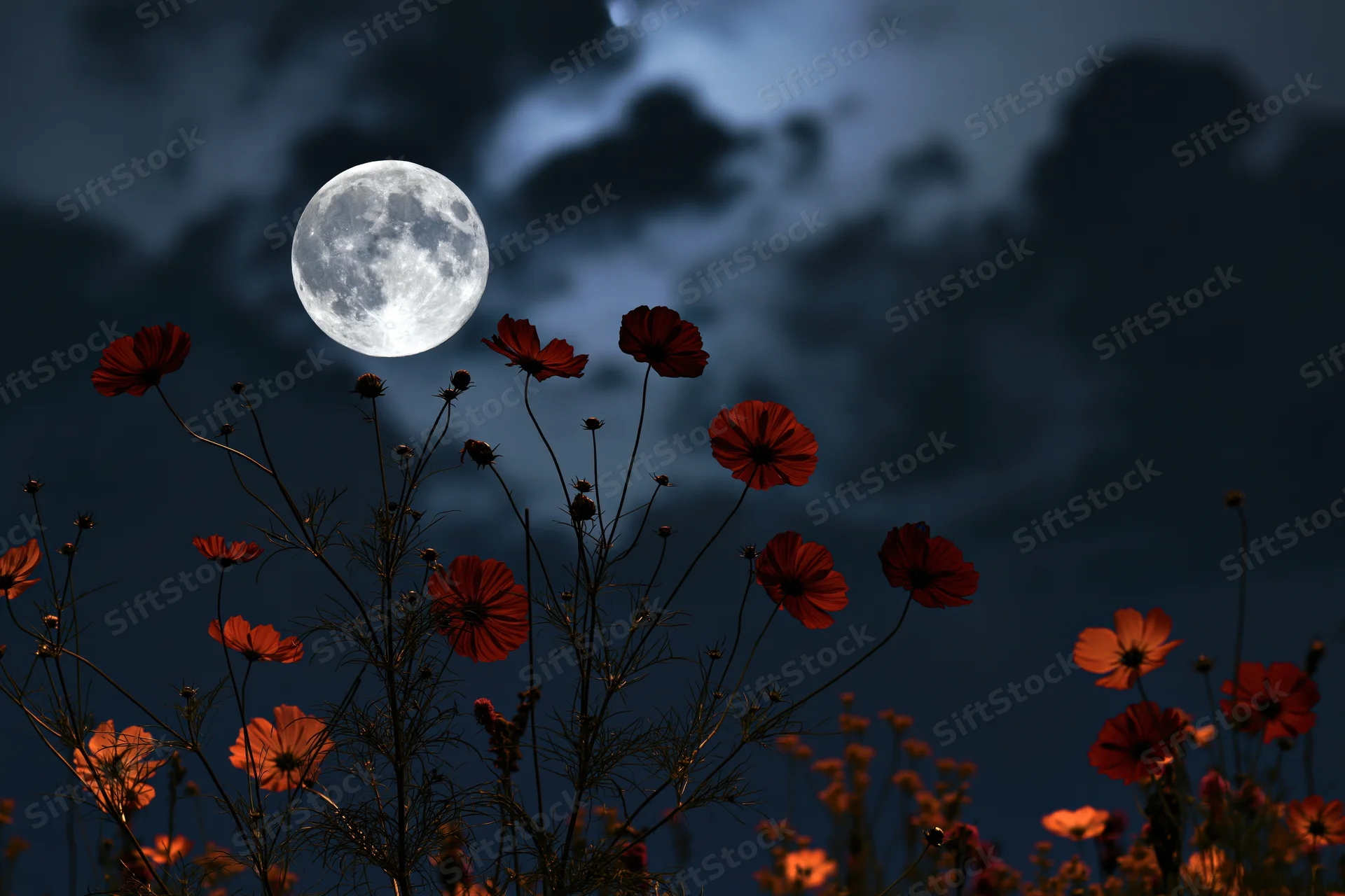 Full moon rising over a field of red cosmos flowers at night