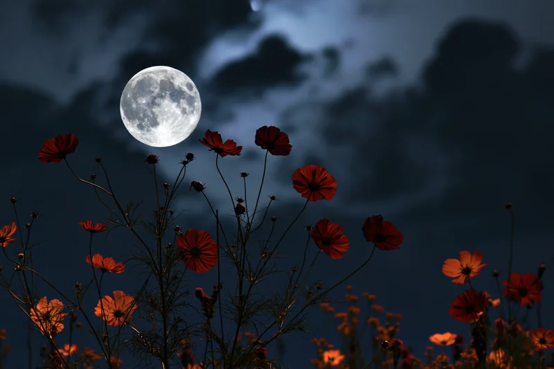 Full moon rising over a field of red cosmos flowers at night