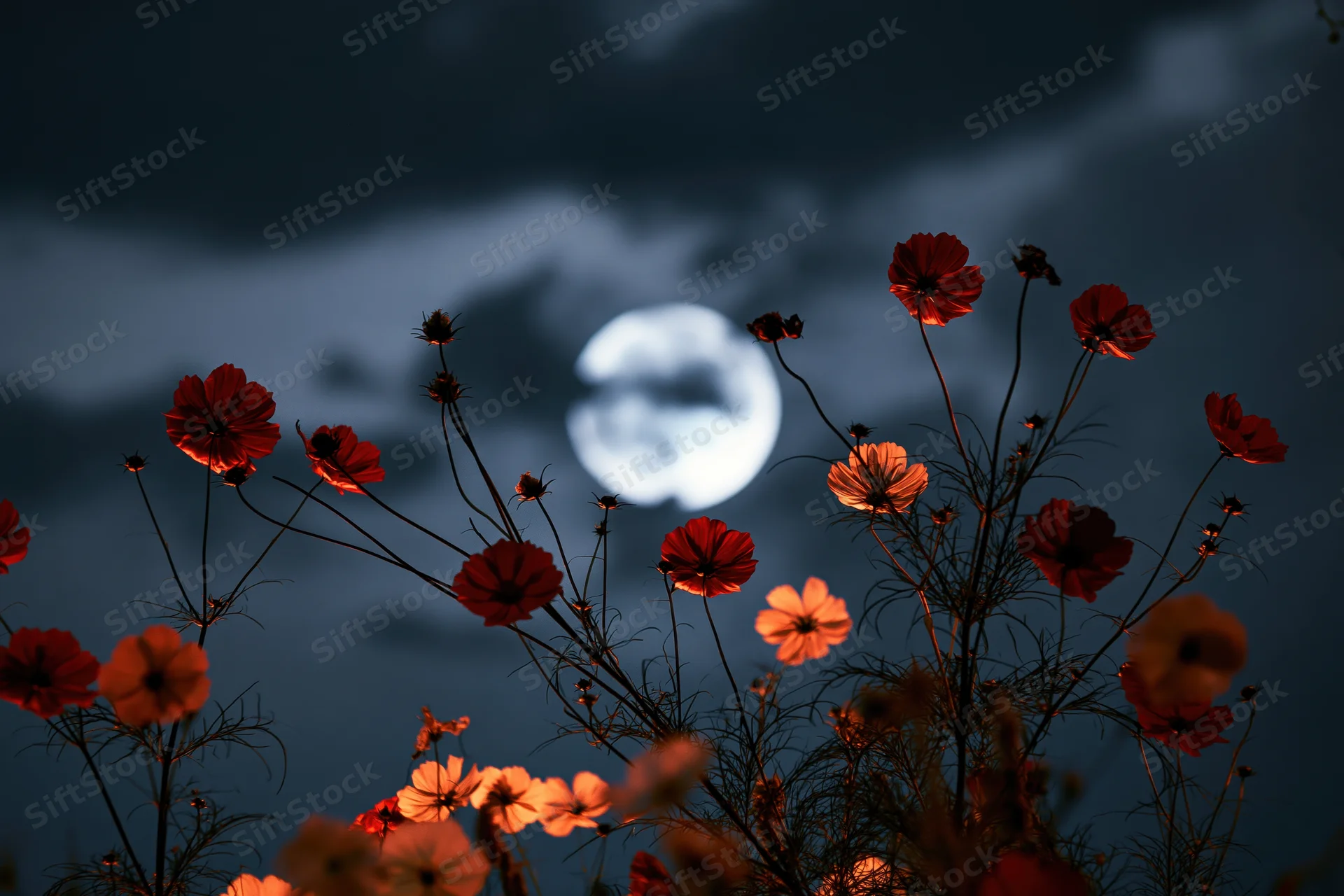 Red and orange cosmos flowers silhouetted against a full moon in a dark cloudy night sky