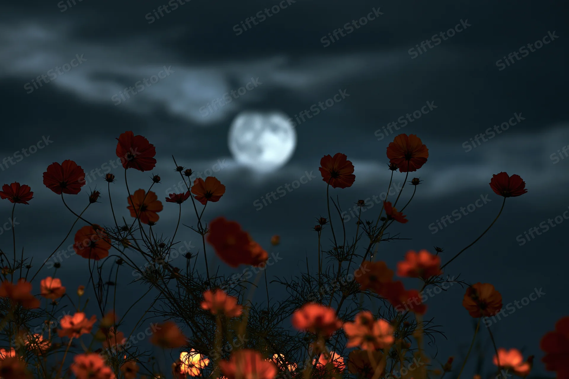 Full moon rising over a field of cosmos flowers at night