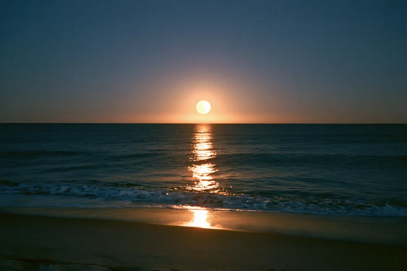 Full moon rising over calm ocean at night, reflecting on water and sand near shoreline
