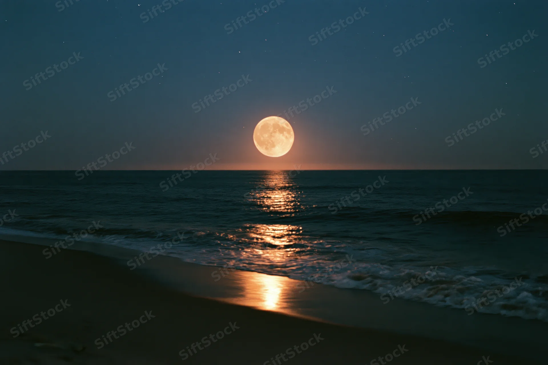 Full moon rising over calm ocean at night, reflecting on water and beach