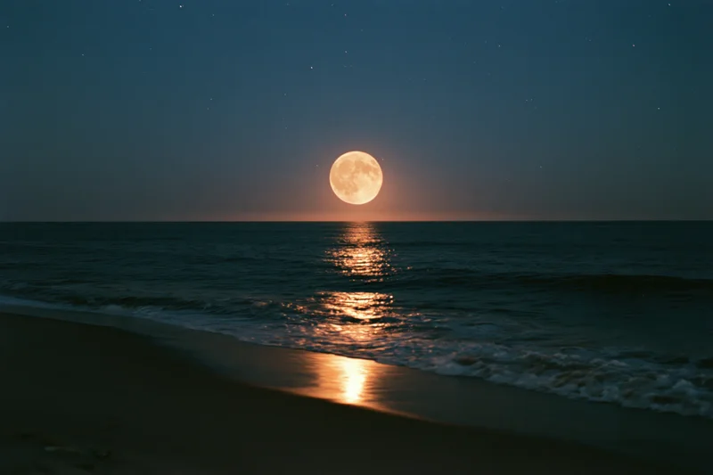 Full moon rising over calm ocean at night, reflecting on water and beach