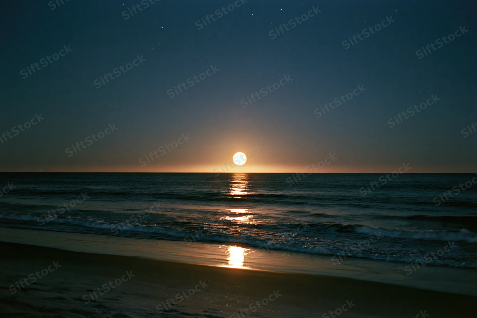 Full moon rising over calm ocean at night, reflecting on water and wet sand