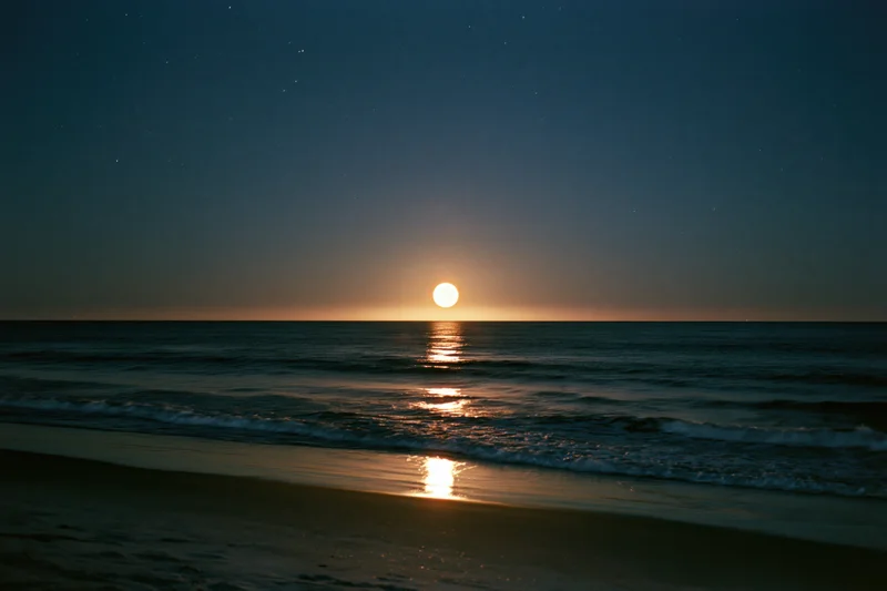 Full moon rising over calm ocean at night, reflecting on water and wet sand