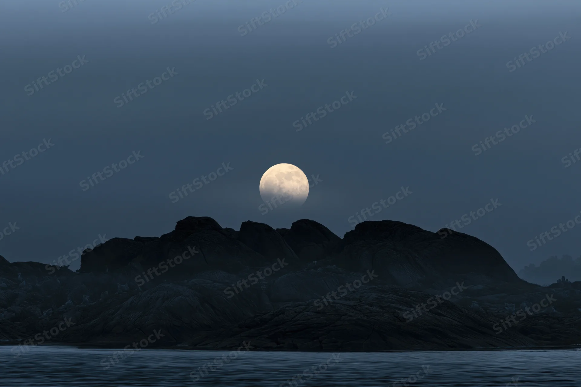 Full moon rising over rocky coastline at twilight with foggy sky and calm sea