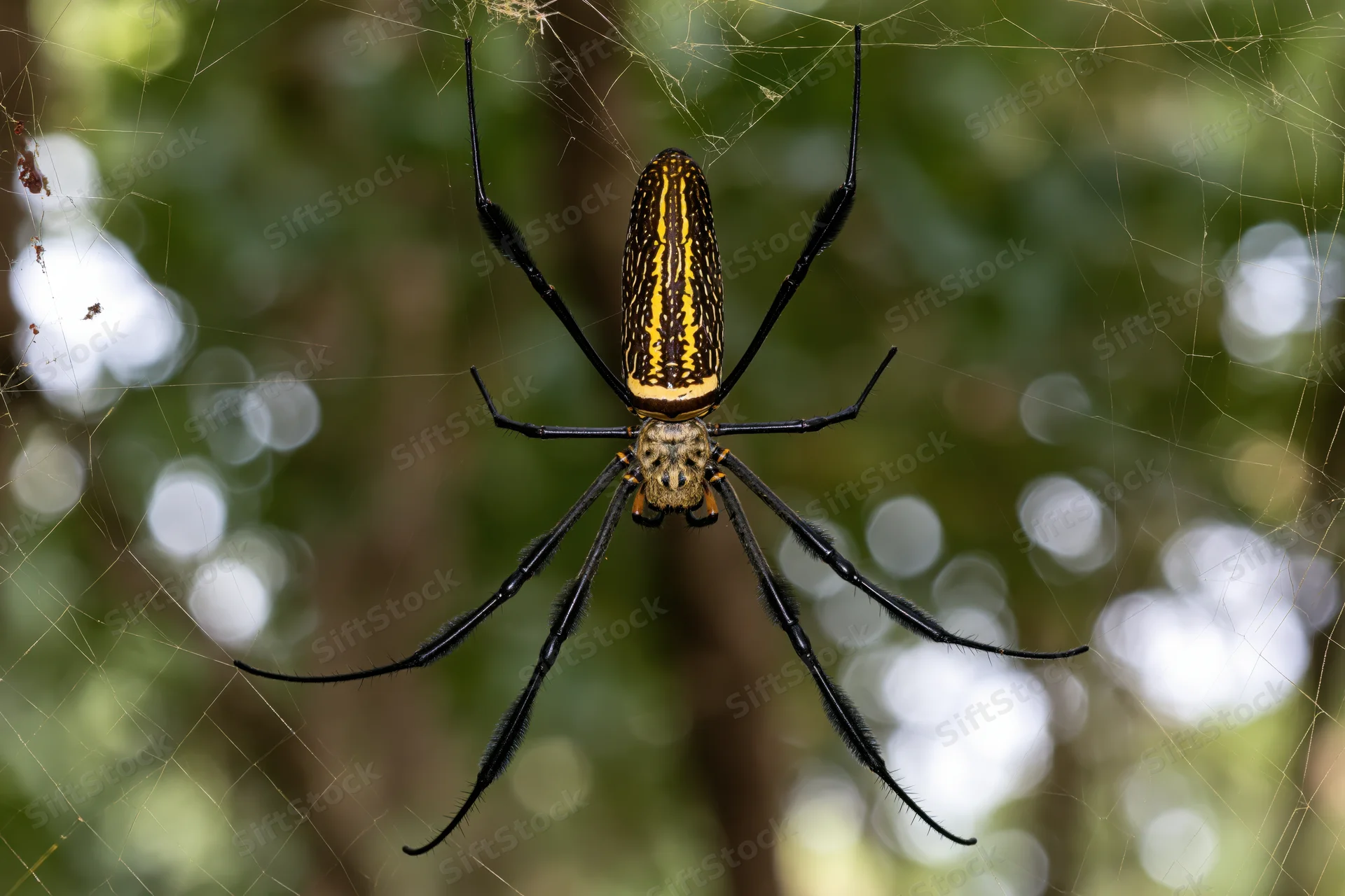 Golden silk orbweaver spider centered in its web in a forest setting