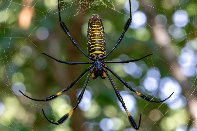 Golden silk orb-weaver spider centered in its web in a forest setting