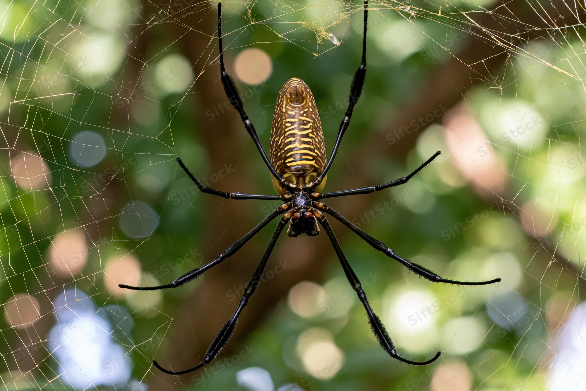 Golden silk orb-weaver spider centered in its web against a blurred green forest background