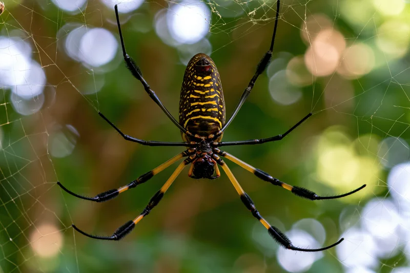Golden silk orb-weaver spider centered in its web against a blurred green forest background