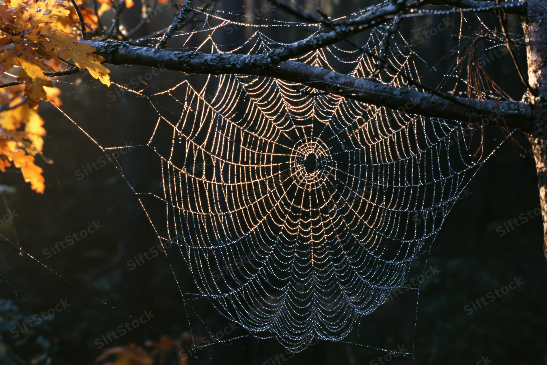 Dew-covered orb-weaver spiderweb glowing in morning light between tree branches in a forest with autumn leaves