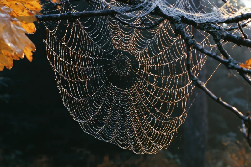 Dew-covered orbweaver spiderweb glistening in morning light between tree branches in a forest