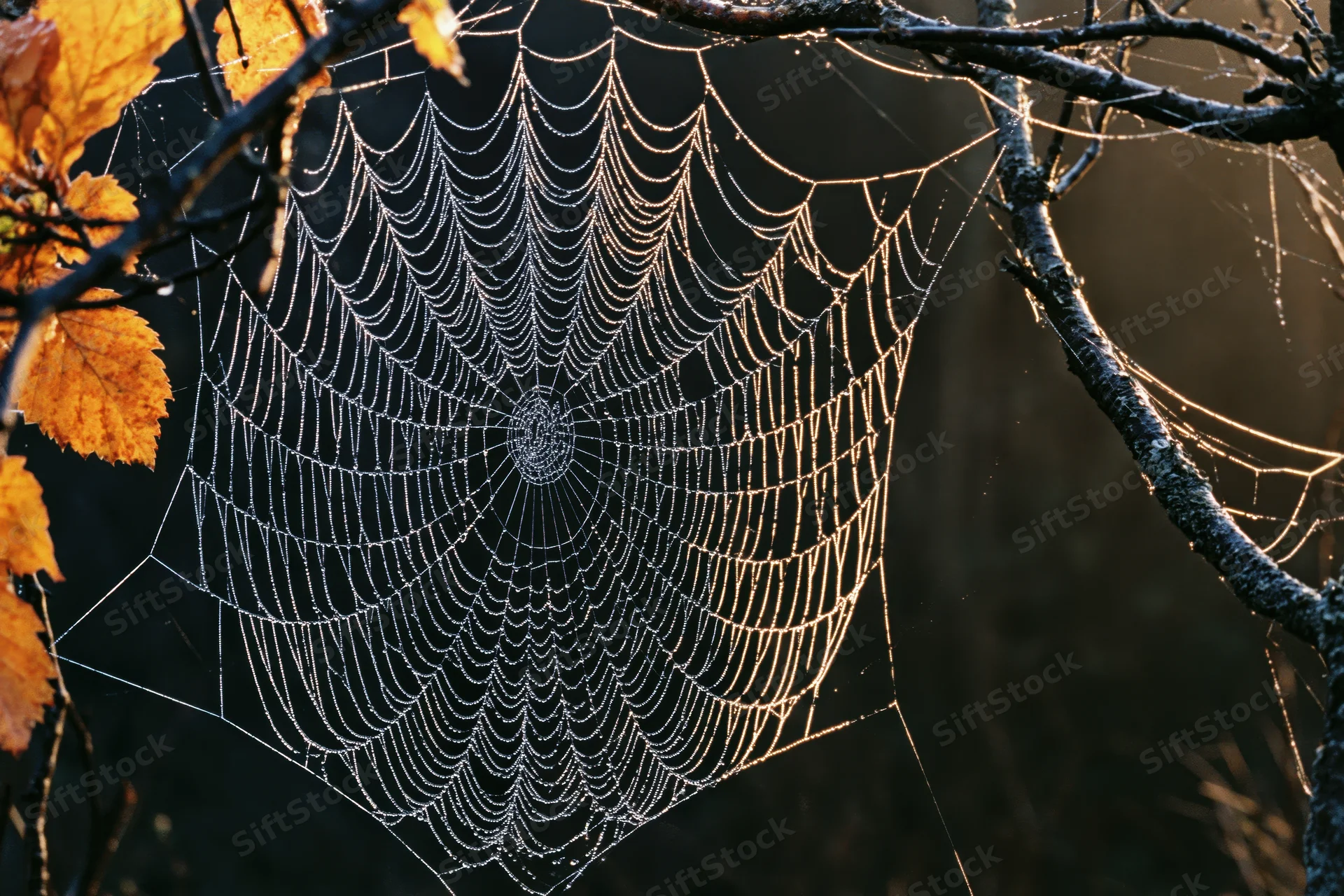 Dew-covered orb-weaver spiderweb between tree branches in autumn forest at sunrise