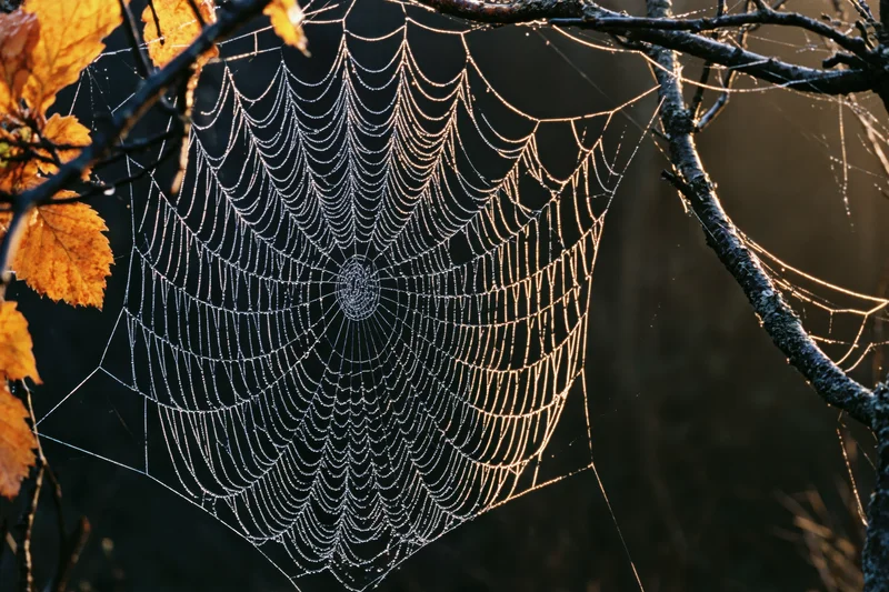 Dew-covered orb-weaver spiderweb between tree branches in autumn forest at sunrise