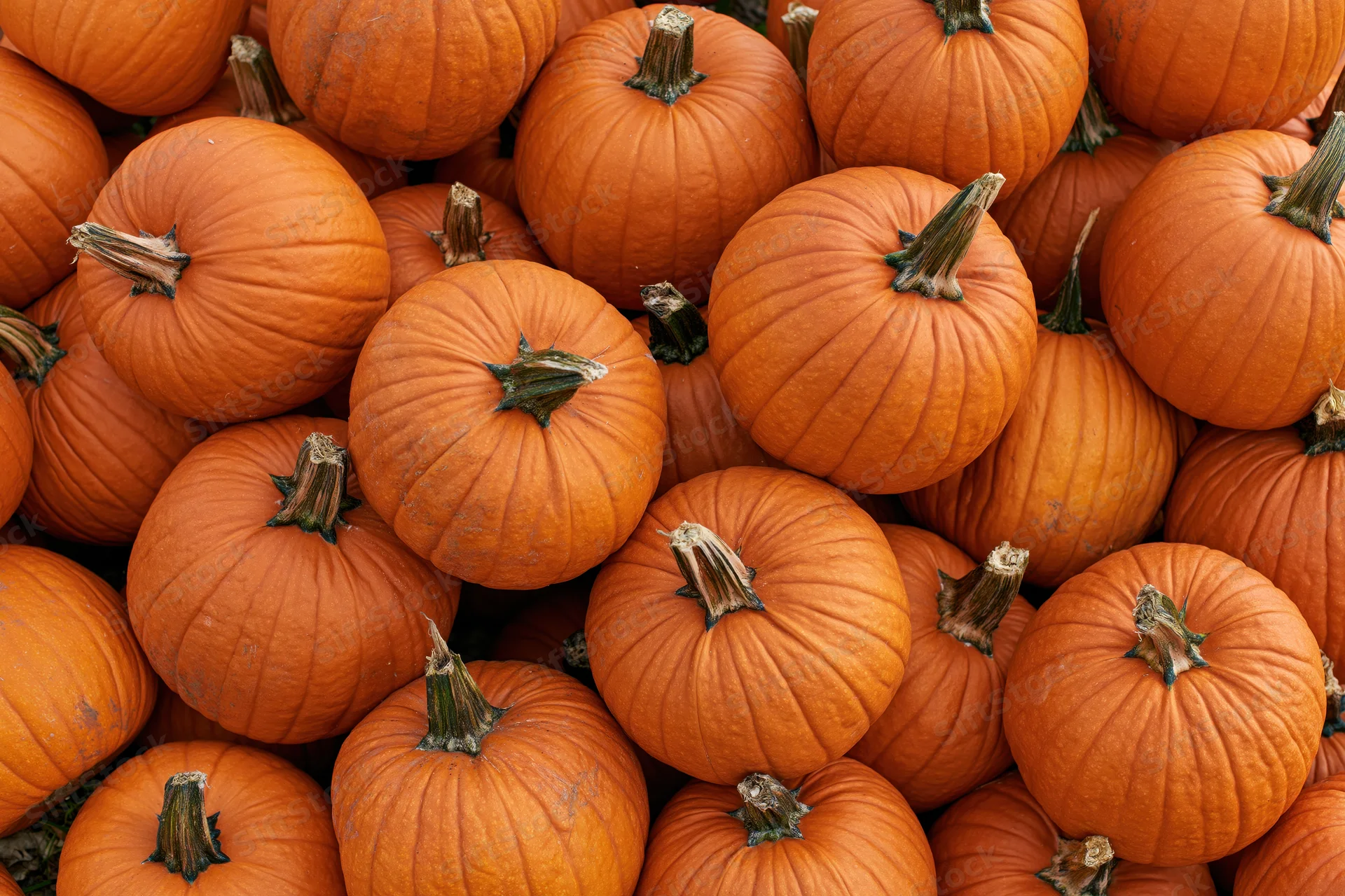 Large pile of orange harvest pumpkins stacked together filling the frame