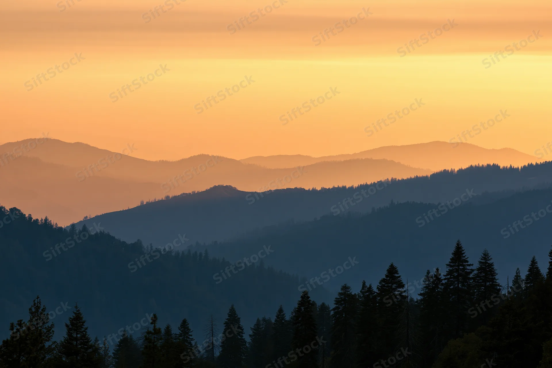 Layered mountain ridges silhouetted against a hazy orange sky at sunset with pine trees in the foreground
