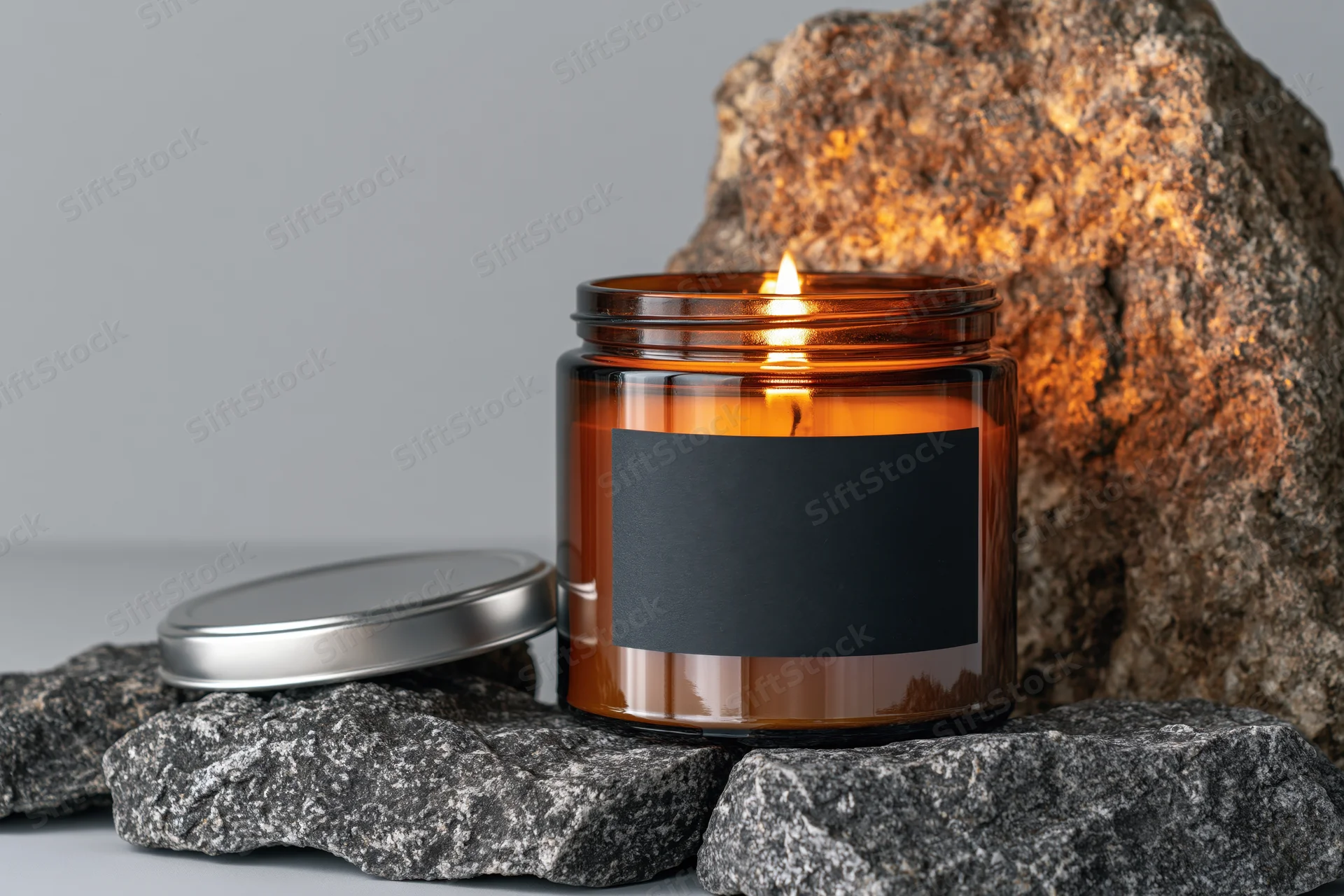 Lit amber glass candle with black label and silver lid on rocks against gray background