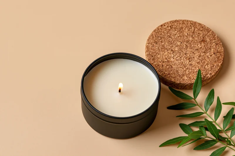 Lit soy candle in matte black tin with green leaves on beige surface