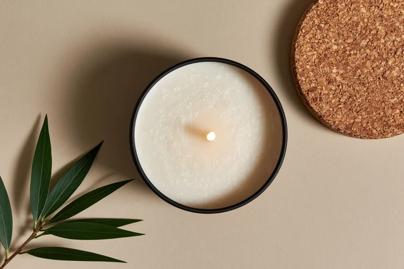 Lit soy candle in a matte black tin container with green leaves and cork coaster on beige surface