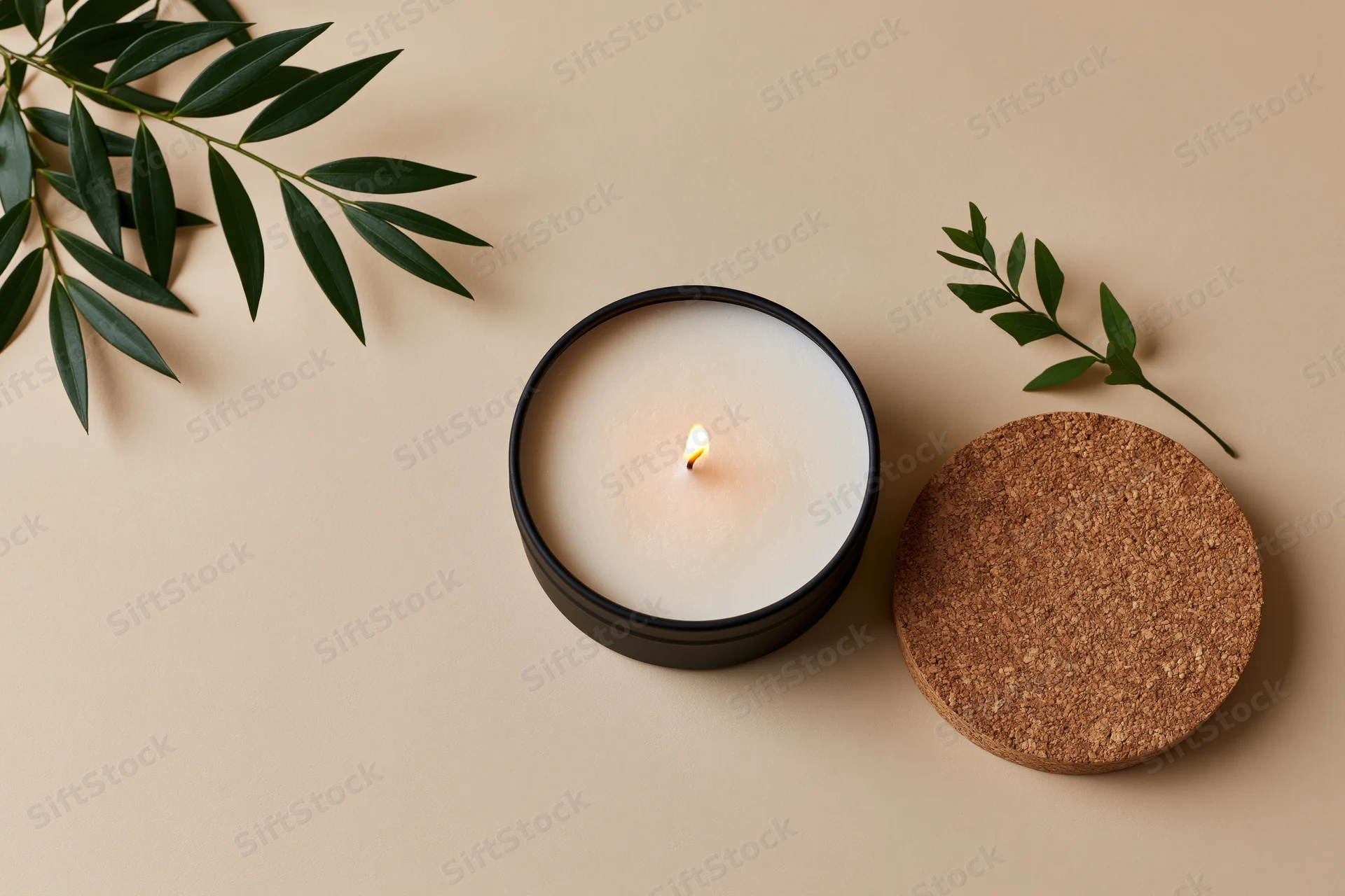 Lit soy candle in a matte black tin container with green leaves and a cork coaster on a beige surface