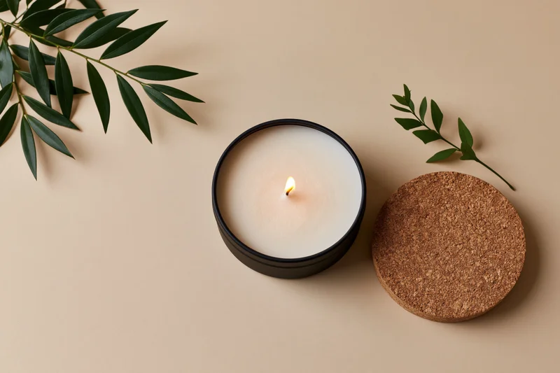 Lit soy candle in a matte black tin container with green leaves and a cork coaster on a beige surface