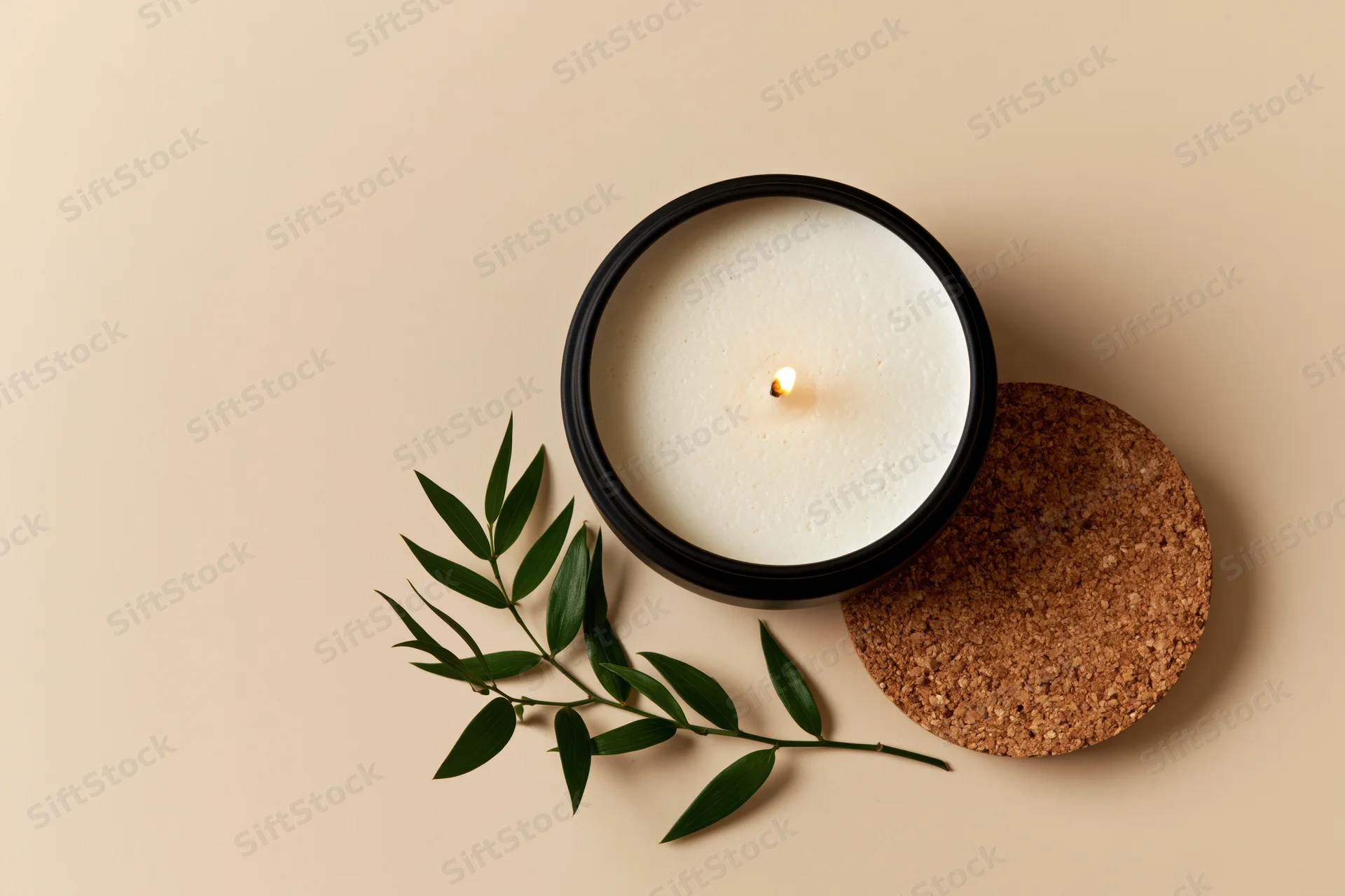 Lit soy candle in a matte black tin container with green leaf and cork coaster on beige surface