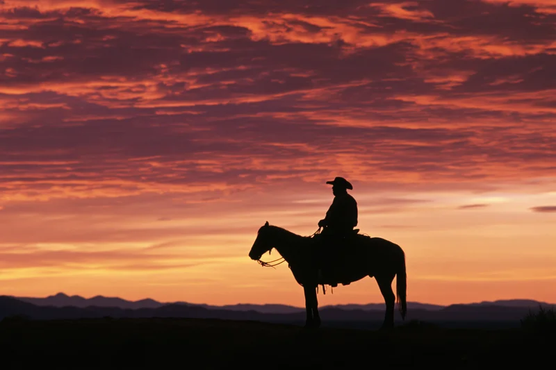 Cowboy riding horse in silhouette against sunset sky with distant mountains