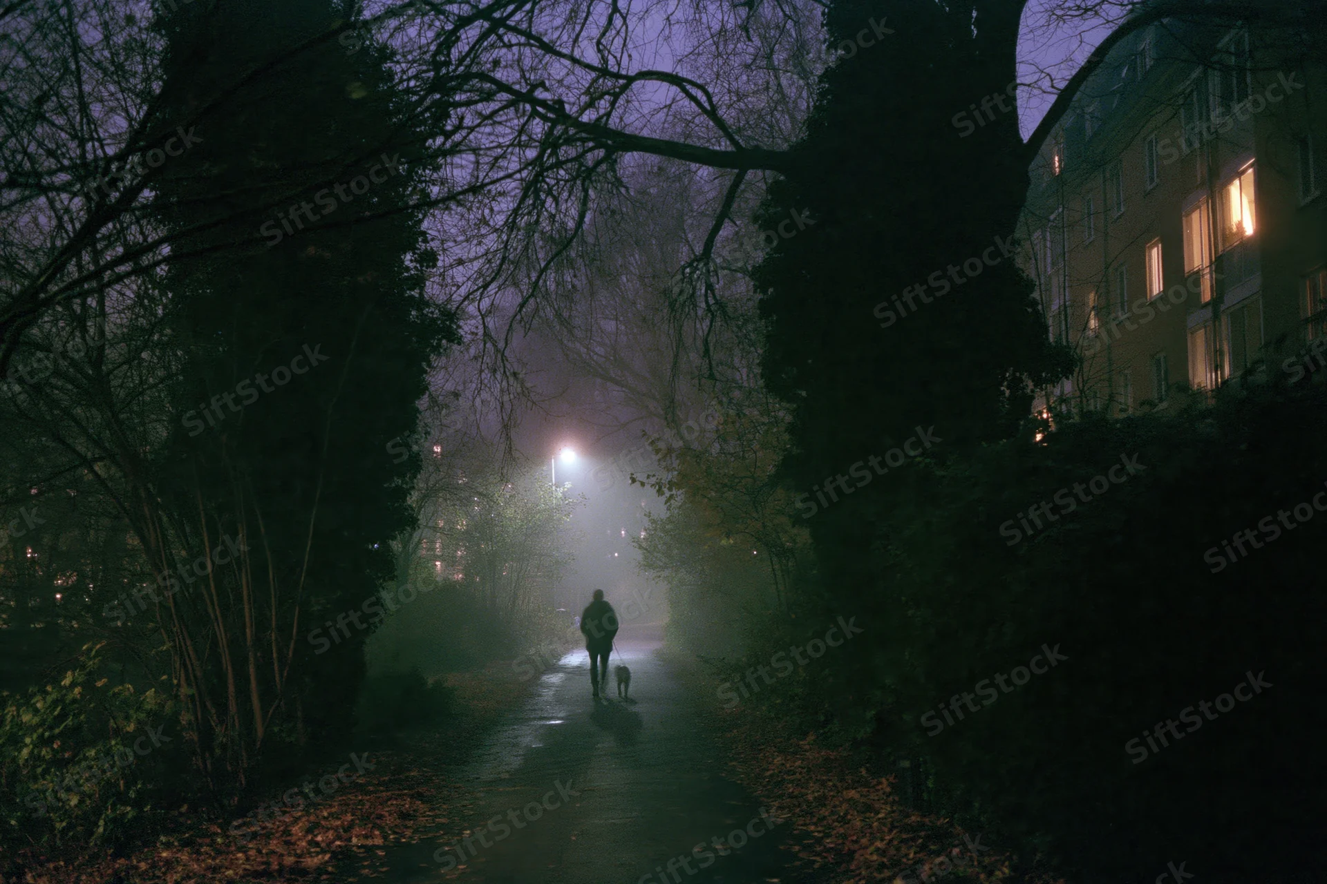 Lone figure walking a dog along a dark tree-lined urban path at night