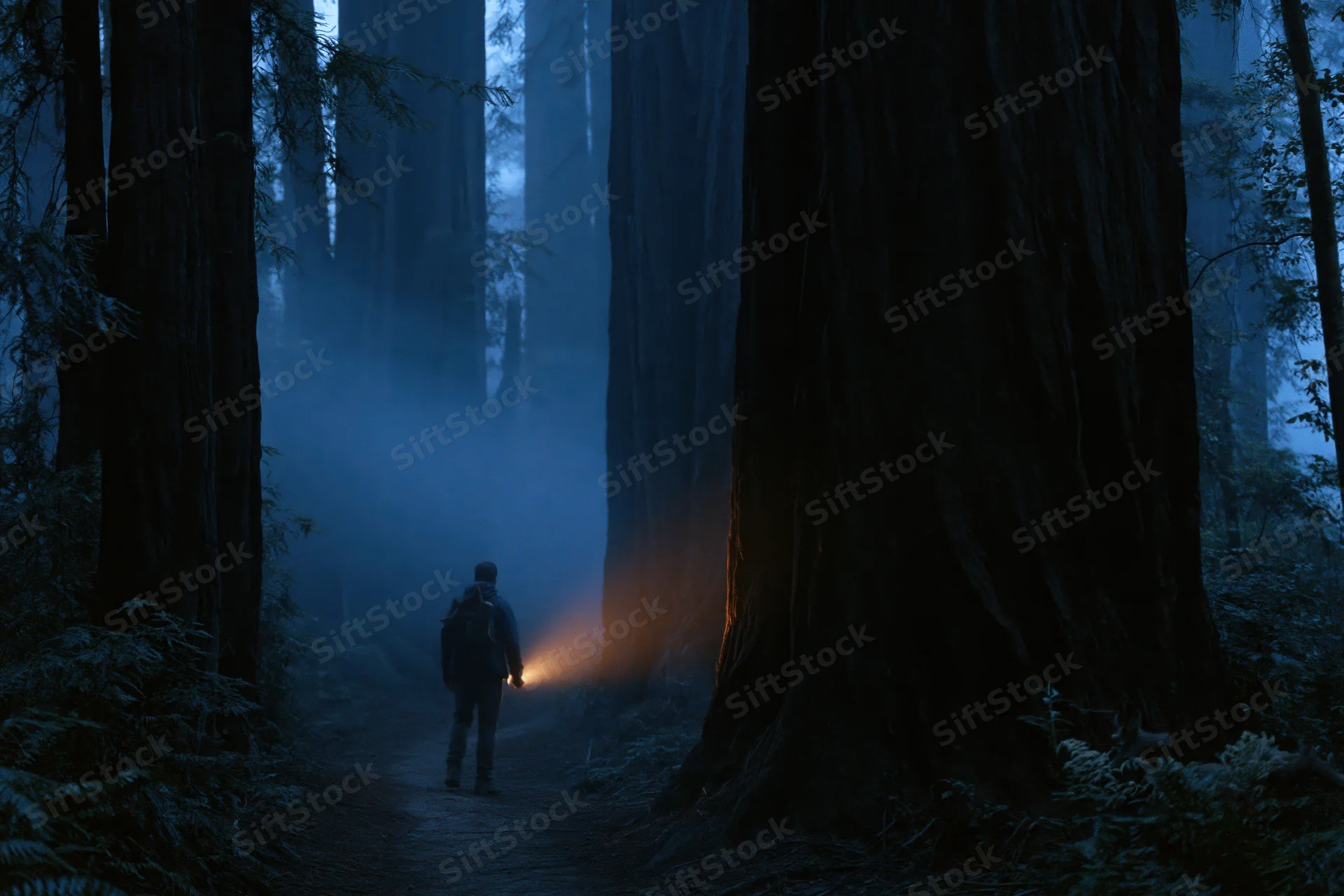 Hiker with flashlight walking along narrow dirt trail in dense redwood forest at night