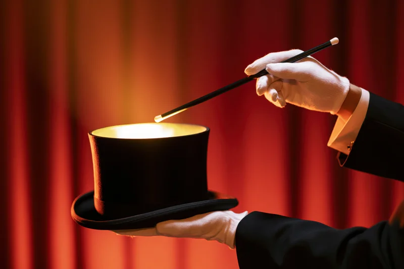 Magician's gloved hands holding a black top hat and pointing a wand at it on stage with red curtain backdrop