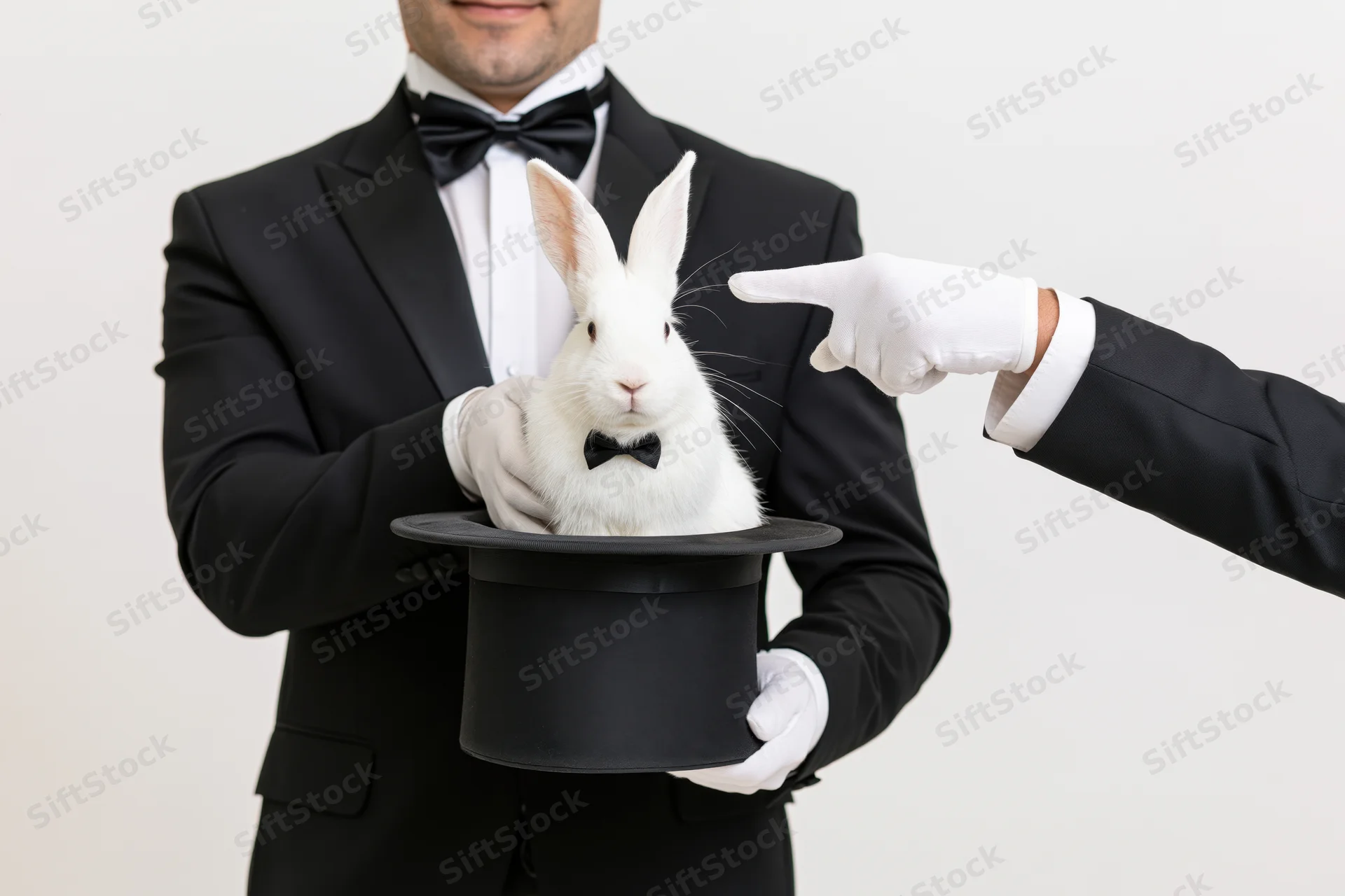 Magician holding a white rabbit in a top hat while another hand points at it