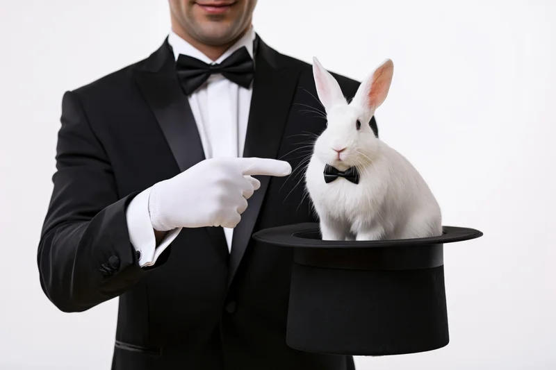 Magician in tuxedo pointing at white rabbit in top hat