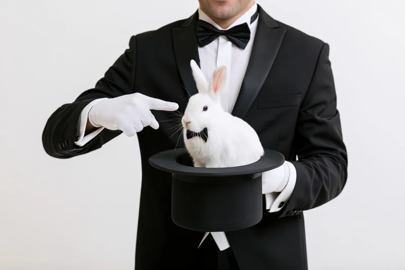Magician in tuxedo holding top hat with rabbit inside, pointing at it with gloved hand