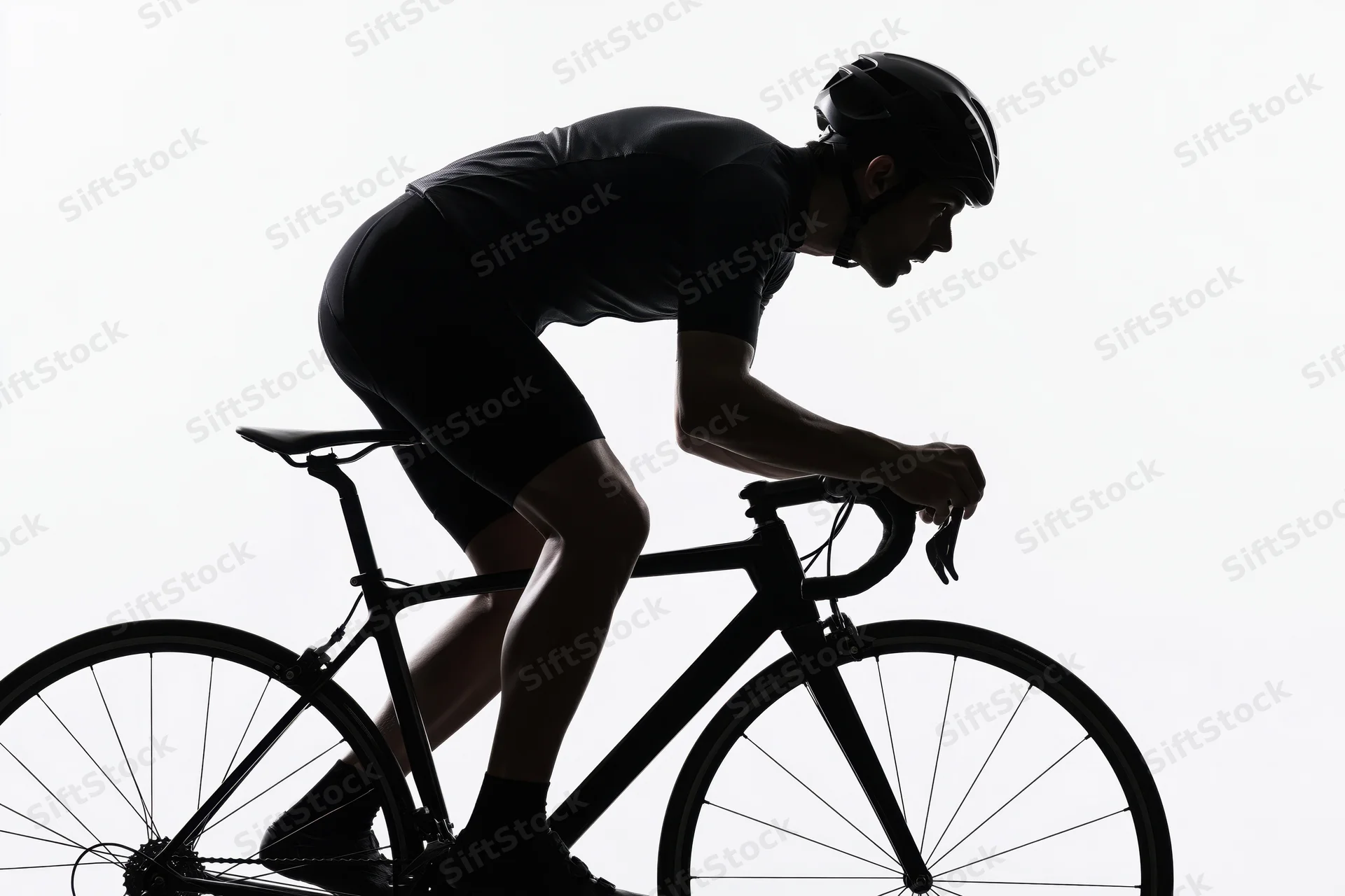 Male cyclist in aerodynamic forward-leaning posture riding a road bicycle against white background