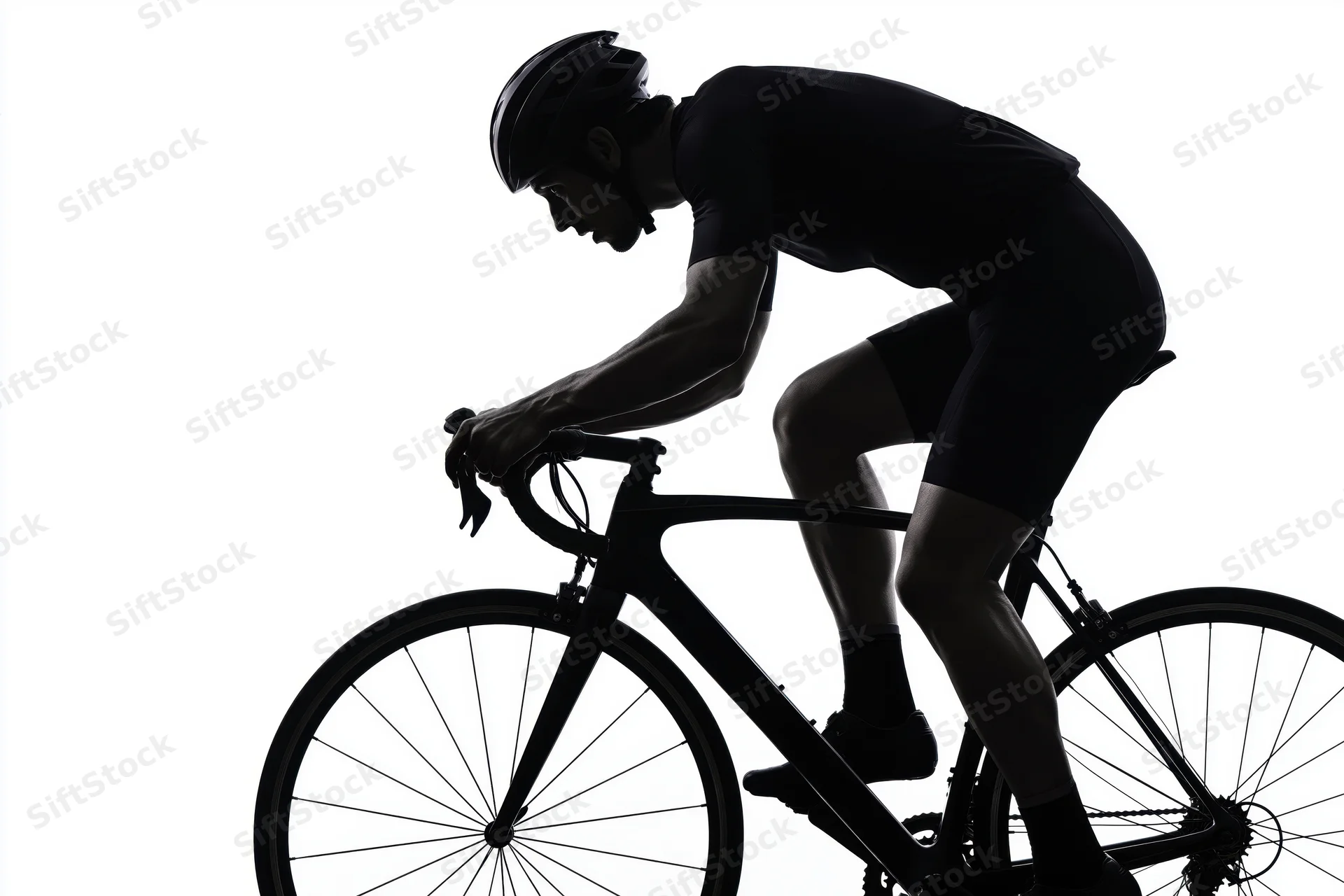 Male cyclist in aerodynamic forward-leaning posture on road bicycle silhouette