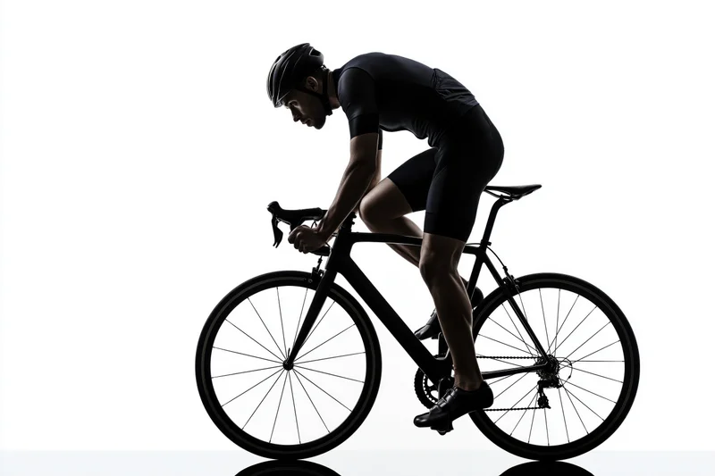 Male cyclist in aerodynamic posture riding road bicycle against white background