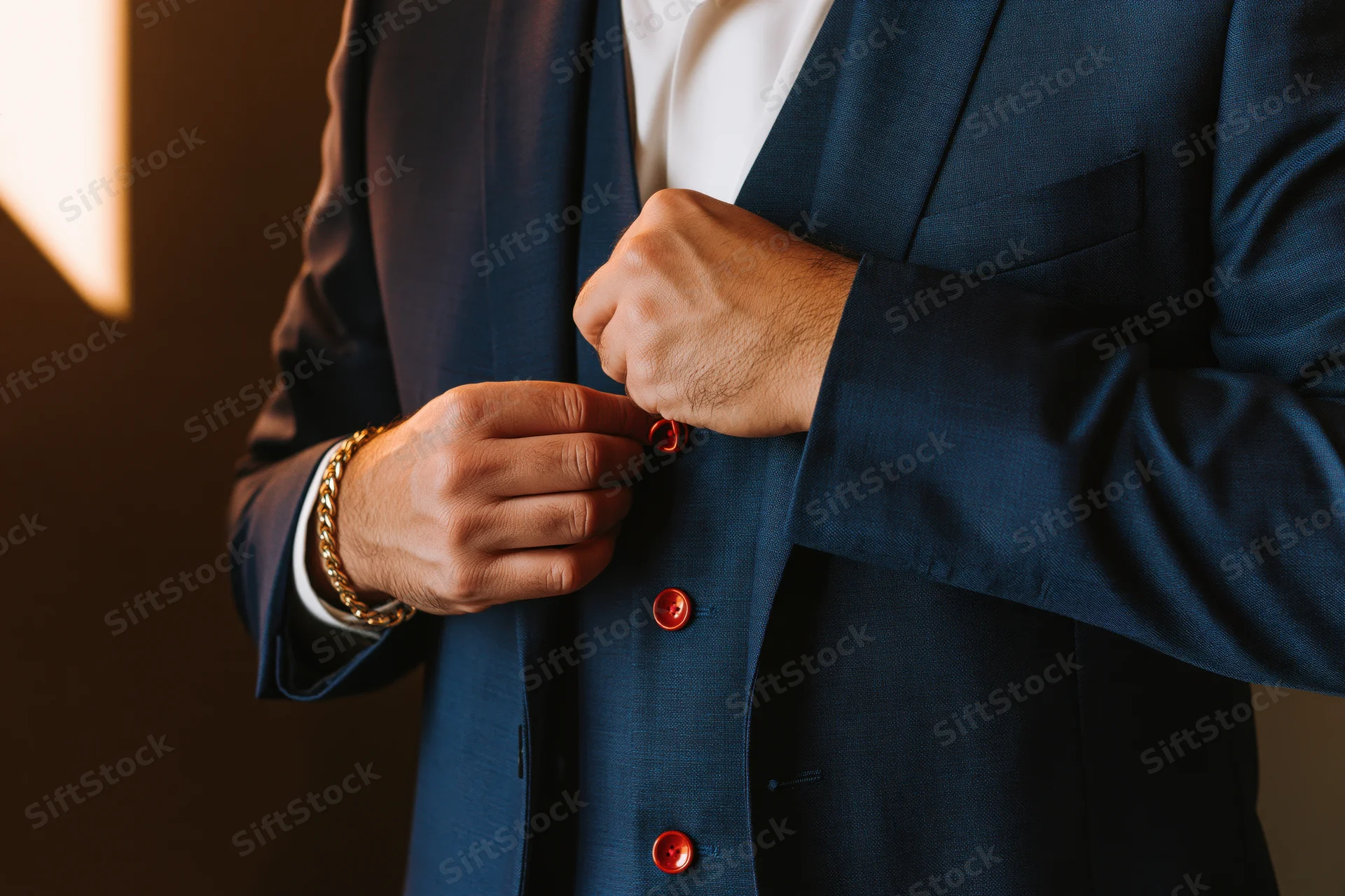 Man fastening red button on steel-blue three-piece suit