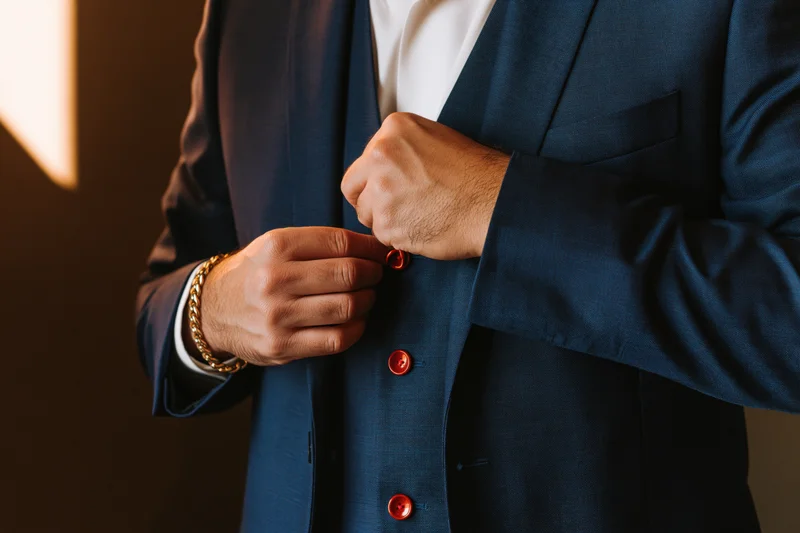 Man fastening red button on steel-blue three-piece suit